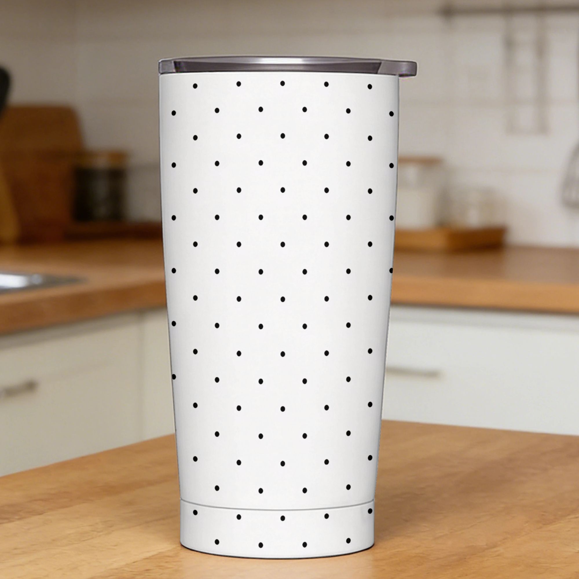 Tumbler 20Oz White - แก้วน้ำสแตนเลสลายจุดขาวดำพร้อมหลอดดูด แก้วกาแฟชายหาด 20 ออนซ์ แก้วน้ำเย็นสำหรับรถยนต์