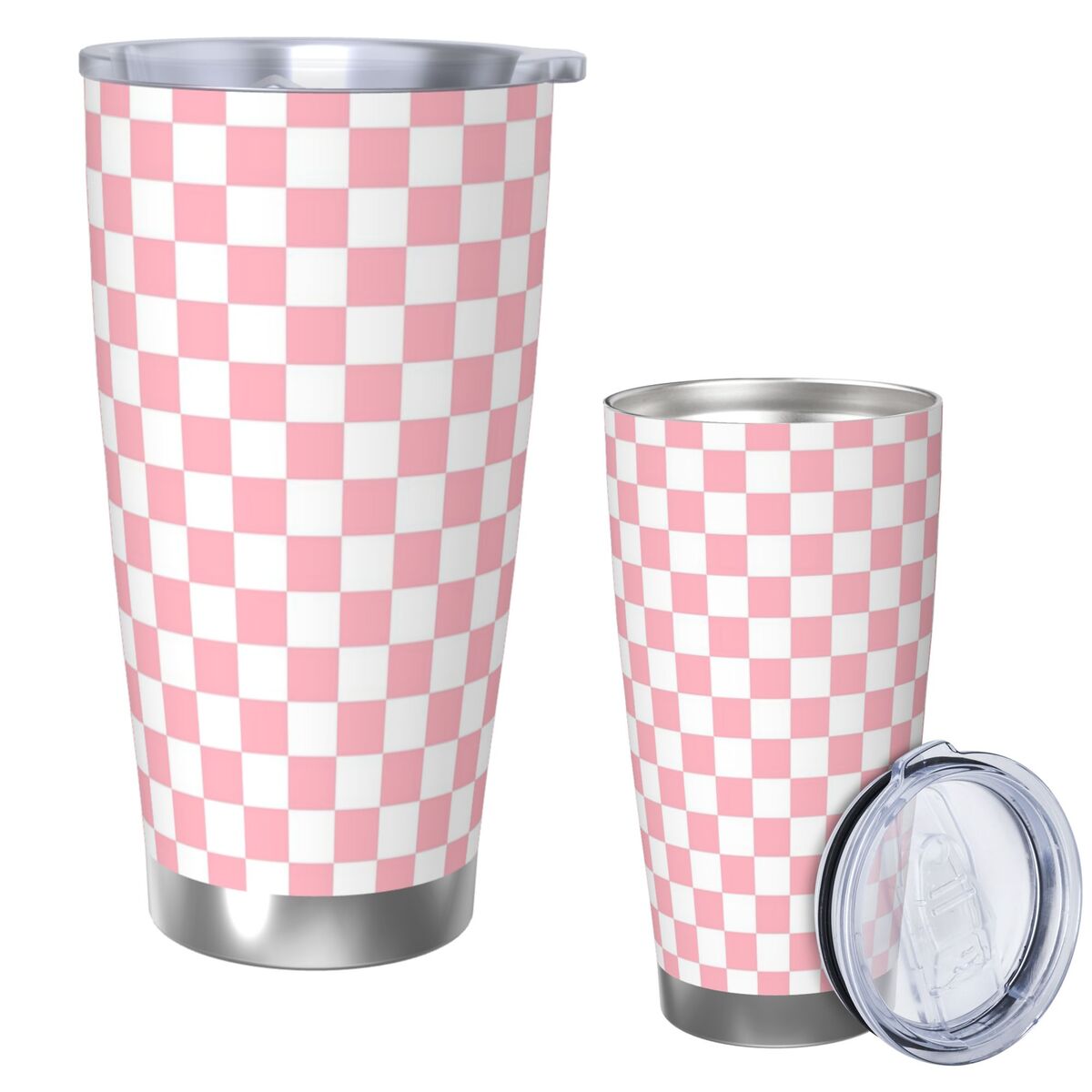 Tumbler 20Oz White - สีชมพูสีขาว Checkerboard รูปแบบสแตนเลส Tumbler สูญญากาศฉนวนแก้วความร้อนเย็นถ้วยหลอดพร้อมฝาปิด 20oz