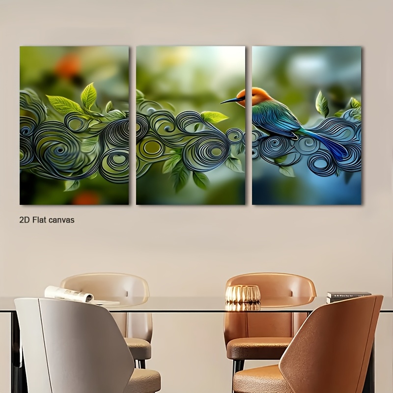 Canvas Wrap Ready - ภาพวาดบนผ้าใบไร้กรอบ 3 ชิ้น ภาพนกบนกิ่งไม้ที่มีลวดลายเกลียว - พร้อมกรอบและผ้าใบหุ้ม