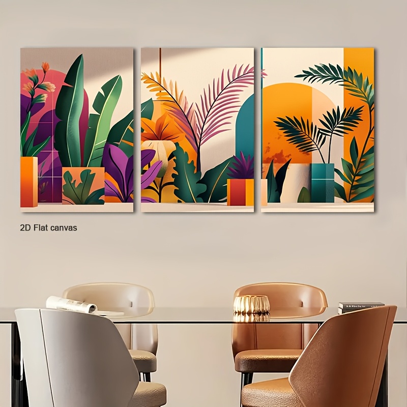 Canvas Wrap Ready - ภาพพิมพ์บนผ้าใบไร้กรอบ 3 ชิ้น ลายต้นปาล์มเขตร้อน - งานพิมพ์ทันสมัยพร้อมลวดลายใบไม้