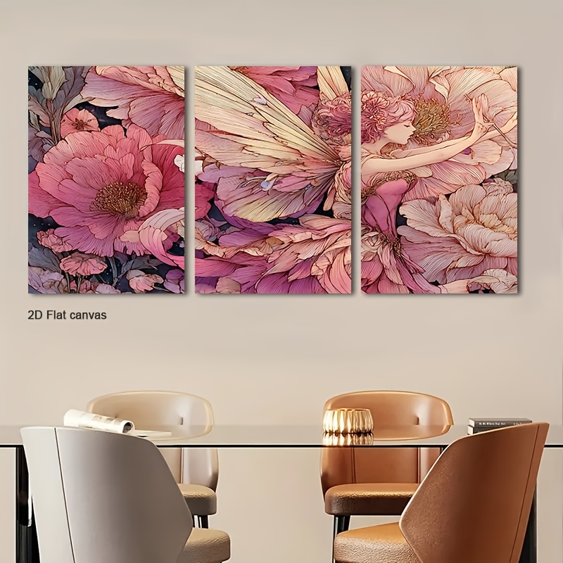 Canvas Wrap Ready - ภาพวาดบนผ้าใบไร้กรอบ 3 ชิ้น ลายดอกโบตั๋น - งานศิลปะบนผ้าใบที่ห่ออย่างสวยงาม